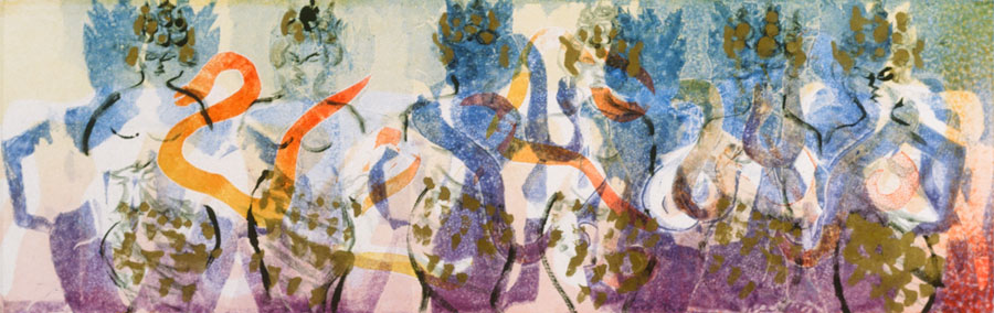Apsaras with Snakes, monotype, 11.5"x23"